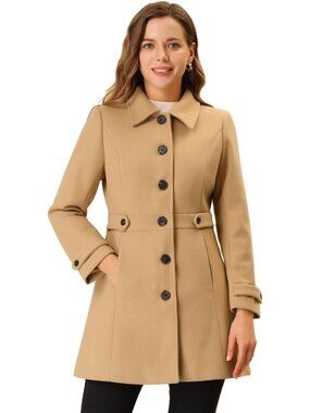 Women's Khaki 100% Polyester Single Breasted Fully Lined Mid-Length Pea Coat